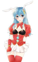 Rule 34 | 1girl, absurdres, akomu junji, alternate costume, animal ears, aqua eyes, aqua hair, breasts, cleavage cutout, clothing cutout, dress, earrings, eirika (fire emblem), fingerless gloves, fire emblem, fire emblem: the sacred stones, flower, gloves, hair between eyes, hair flower, hair ornament, highres, jewelry, long hair, looking at viewer, miniskirt, nintendo, open mouth, puffy short sleeves, puffy sleeves, rabbit ears, red gloves, red thighhighs, short dress, short sleeves, simple background, skirt, small breasts, smile, solo, straight hair, thighhighs, white background