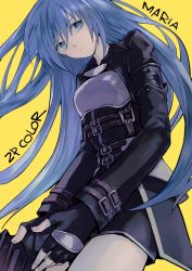 Rule 34 | 1girl, blue eyes, blue hair, breasts, character name, closed mouth, fingerless gloves, gloves, grel (r6hgvu5), gun, long hair, looking at viewer, maria traydor, medium breasts, official alternate costume, simple background, skirt, small breasts, solo, star ocean, star ocean till the end of time, weapon