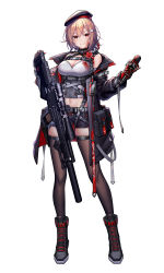 1girl absurdres belt beret black_footwear black_gloves black_jacket black_shorts black_thighhighs blood blood_on_clothes blood_on_face boots breasts character_request cleavage closed_mouth full_body girls&#039;_frontline gloves gun hair_ornament hairclip hat headphones highres holding holding_gun holding_microphone holding_weapon jacket looking_at_viewer medium_breasts medium_hair microphone navel open_clothes open_jacket original pink_hair red_eyes rifle san_ka shirt shorts smile sniper_rifle solo standing suppressor thighhighs weapon white_background white_shirt