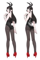 Rule 34 | 1girl, absurdres, alternate costume, animal ears, bare shoulders, black hair, black leotard, black pantyhose, commentary request, comparison, detached collar, fake animal ears, from behind, full body, green eyes, hand on own shoulder, high heels, highres, kantai collection, leotard, long hair, looking at viewer, looking back, ojipon, ooyodo (kancolle), pantyhose, parted lips, playboy bunny, rabbit ears, rabbit tail, red footwear, semi-rimless eyewear, simple background, smile, solo, strapless, strapless leotard, tail, white background, wrist cuffs