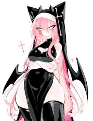 Rule 34 | bare shoulders, blush, breasts, cleavage, cleavage cutout, clothing cutout, colored skin, cross, demon girl, demon horns, demon wings, friday night funkin&#039;, heart cutout, horns, large breasts, long hair, looking at viewer, nun, pink hair, pink skin, sarvente (friday night funkin&#039;), side slit, thick thighs, thighhighs, thighs, usa37107692, veil, very long hair, white eyes, white skin, wide hips, wings