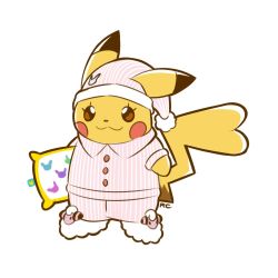 Rule 34 | :3, artsy-rc, buttons, clothed pokemon, commentary, creatures (company), ears through headwear, english commentary, full body, game freak, gen 1 pokemon, gen 2 pokemon, hat, looking at viewer, mareep, nintendo, no humans, pajamas, pants, pikachu, pillow, pink hat, pink pajamas, pink pants, pink shirt, pokemon, pokemon (creature), shirt, signature, simple background, slippers, smile, solo, striped clothes, striped headwear, striped pajamas, striped pants, striped shirt, vertical-striped clothes, vertical-striped headwear, vertical-striped pants, vertical-striped shirt, white background