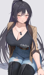 Rule 34 | 1girl, black footwear, black hair, blue pants, blush, boots, bracelet, breasts, collarbone, commentary request, denim, dog tags, earrings, grey background, highres, idolmaster, idolmaster shiny colors, jeans, jewelry, large breasts, long hair, long sleeves, looking at viewer, pants, parted lips, ponytail, shirase sakuya, shougun (chuckni1), sidelocks, simple background, sitting, smile, solo, thigh boots, yellow eyes