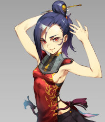 Rule 34 | 1girl, adjusting hair, armpits, black skirt, blue hair, breasts, china dress, chinese clothes, chyko, commentary request, dress, hair ornament, hair rings, hair stick, highres, looking at viewer, no bra, original, pleated skirt, ponytail, red dress, red eyes, sideboob, skirt, sleeveless, sleeveless dress, small breasts, smile, solo