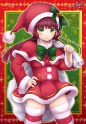 Rule 34 | 1girl, bow, brown hair, christmas, dated, green bow, green eyes, hand on own hip, hat, highres, long hair, looking at viewer, original, sack, sanjyueri miall, santa hat, smile, solo, standing, striped clothes, striped thighhighs, thighhighs