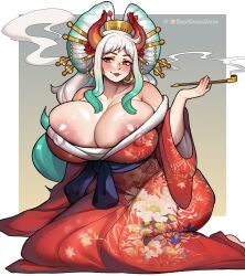 Rule 34 | 1girl, absurdres, areola slip, bare shoulders, blush, breasts, cleavage, covered erect nipples, earrings, female focus, full body, green hair, highres, horns, huge breasts, japanese clothes, jewelry, kimono, lipstick, long hair, makeup, multicolored hair, official alternate costume, one piece, smoking pipe, solo, suavi-cream, two-tone hair, white hair, yamato (one piece)