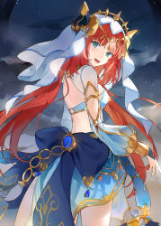 Rule 34 | 1girl, absurdres, aqua eyes, bare back, blue gemstone, blue skirt, bracer, breasts, circlet, cowboy shot, crop top, floating hair, from side, gem, genshin impact, gold trim, harem outfit, highres, horns, long hair, long sleeves, looking at viewer, low twintails, medium breasts, nilou (genshin impact), o-ring, o-ring top, open mouth, parted bangs, puffy long sleeves, puffy sleeves, red hair, sharutaro, skirt, sky, smile, solo, star (sky), starry sky, thighs, twintails, veil, vision (genshin impact), white headwear