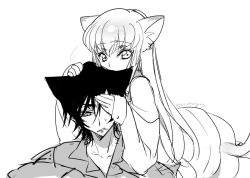Rule 34 | 1boy, 1girl, animal ears, c.c., cat ears, cat tail, code geass, creayus, greyscale, lelouch vi britannia, long hair, looking at viewer, monochrome, open mouth, simple background, sleeves past wrists, tail, triangle mouth, twitter username, white background