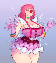 Rule 34 | 1girl, ace attorney, armor, breasts, capcom, citez, cleavage, closed eyes, clown girl, clown nose, curvy, female focus, frilled skirt, frills, geiru toneido, gloves, highres, huge breasts, medium hair, pauldrons, phoenix wright: ace attorney - spirit of justice, pink hair, rainbow, shoulder armor, skirt, solo, suspenders, thick thighs, thighs