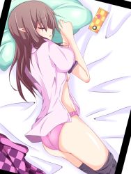 Rule 34 | 1girl, :o, asn s, ass, bed, bed sheet, black thighhighs, blush, breasts, brown hair, cellphone, checkered clothes, checkered skirt, from above, from side, groin, himekaidou hatate, legs together, long hair, no bra, on bed, open clothes, open mouth, open shirt, over-kneehighs, panties, phone, pillow, pink panties, pink shirt, pink skirt, pointy ears, profile, puffy short sleeves, puffy sleeves, shiny skin, shirt, short sleeves, sideboob, skirt, sleeping, small breasts, solo, thighhighs, thighs, touhou, underwear