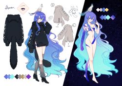 Rule 34 | 1girl, ame (riftdevils), animal ears, bird, blue eyes, blue hair, character sheet, commission, commissioner upload, earrings, fake animal ears, fake tail, highres, hood, hoodie, jewelry, long hair, naozi, original, shoes, socks, solo, standing, star (sky), tail, tongue, tongue out, very long hair