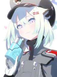 Rule 34 | 1girl, animal ears, bear ears, blue archive, blue hair, closed mouth, commentary, epaulettes, flask, gloves, grey hat, grey jacket, hand up, hat, heart, highres, holding, holding flask, jacket, looking at viewer, mimitoke, purple eyes, shigure (blue archive), short hair, simple background, smile, solo, visor cap, white background, white gloves