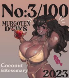 Rule 34 | absurdres, bikini, body freckles, bracelet, breasts, brown hair, cup, dark-skinned female, dark skin, draw this in your style challenge, drink, drinking glass, earrings, fingernails, freckles, glass, happy, highres, holding, holding cup, hoop earrings, huge breasts, jewelry, keziedra, murgoten, open mouth, original, plump, smile, swimsuit, yellow bikini
