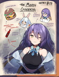 Rule 34 | 2girls, animal ears, arrow (symbol), bare shoulders, black choker, black shirt, blue brooch, blue hair, blush stickers, bottle, breasts, brooch, burger, carrot hair ornament, choker, clenched hands, crop top, don-chan (usada pekora), english text, food, food-themed hair ornament, hair between eyes, hair ornament, highres, hololive, hololive indonesia, jacket, jewelry, large breasts, long hair, moona hoshinova, moona hoshinova (1st costume), multiple girls, navel, one eye closed, purple hair, rabbit ears, shirt, star brooch, taiyo sketches, usada pekora, usada pekora (1st costume), virtual youtuber, white jacket, yellow eyes