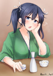 Rule 34 | 10s, 1girl, alcohol, anti (untea9), blue hair, blush, breasts, chestnut mouth, choko (cup), chopsticks, cup, drunk, female focus, furrowed brow, gradient background, hair ribbon, hand on own cheek, hand on own face, head rest, highres, japanese clothes, kantai collection, large breasts, open mouth, ribbon, sake, short hair, simple background, solo, souryuu (kancolle), tokkuri, twintails, twitter username