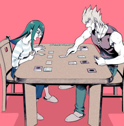 Rule 34 | 1boy, 1girl, black tank top, blonde hair, blue eyes, blunt bangs, card, carly nagisa, crossed legs, denim, earrings, from side, full body, glasses, green hair, izapara, jack atlas, jeans, jewelry, muscular, muscular male, necklace, open mouth, pants, pink background, playing card, profile, purple eyes, round eyewear, shirt, sitting, slippers, spiked hair, striped clothes, striped shirt, table, tabletop game, tank top, twitter username, wooden chair, wooden table, yu-gi-oh!, yu-gi-oh! 5d&#039;s
