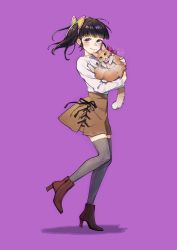 Rule 34 | 1girl, absurdres, animal, black hair, blunt bangs, blush, brown footwear, brown skirt, butterfly hair ornament, cat, contemporary, full body, grey thighhighs, hair ornament, high heels, highres, holding, holding animal, holding cat, kimetsu no yaiba, leg up, long hair, long sleeves, looking at viewer, purple background, purple eyes, shadow, shinishi chiho, shirt, shirt tucked in, side ponytail, signature, simple background, skirt, smile, solo, standing, thighhighs, tsuyuri kanao, white shirt
