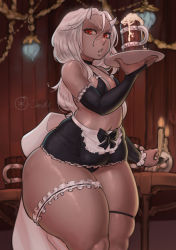 Rule 34 | 1girl, absurdres, apron, bare shoulders, beer mug, bikini, bikini top only, black bikini, black gloves, black skirt, blurry, blurry background, breasts, bridal gauntlets, calamitas, calamity mod, cleavage, colored skin, cowboy shot, cup, curvy, dark skin, elbow gloves, gloves, grey skin, hair between eyes, highres, horns, indoors, long hair, looking down, maid, mug, navel, ourobot, parted lips, red eyes, shiny skin, skindentation, skirt, small breasts, solo, standing, swimsuit, terraria, thick thighs, thigh strap, thighlet, thighs, tray, white hair, wide hips