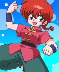 Rule 34 | 1girl, blue background, blue eyes, braid, braided ponytail, breasts, chinese clothes, circle, hair between eyes, lowres, medium breasts, open mouth, ranma-chan, ranma 1/2, red hair, solo, tangzhuang, wanta (futoshi)