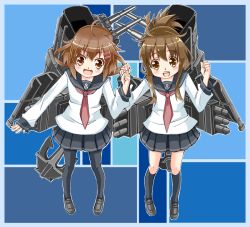 Rule 34 | 10s, 2girls, :d, azumaya, bad id, bad pixiv id, brown eyes, brown hair, folded ponytail, hair ornament, hairclip, holding hands, ikazuchi (kancolle), inazuma (kancolle), kantai collection, looking at viewer, mieaneya, multiple girls, open mouth, pantyhose, personification, pleated skirt, school uniform, serafuku, short hair, skirt, smile