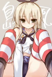 Rule 34 | 10s, 1girl, black panties, blonde hair, blush, character name, collarbone, crotch, detached sleeves, elbow gloves, foreshortening, gloves, grey background, hair between eyes, hair ribbon, kantai collection, long hair, midriff, panties, ribbon, sailor collar, shimakaze (kancolle), solo, striped clothes, striped thighhighs, syroh, thighhighs, underwear