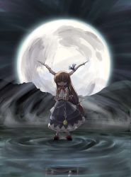 Rule 34 | 1girl, blunt bangs, bow, chain, crossed arms, dress, female focus, full body, full moon, gatau, horn bow, horn ornament, horns, ibuki suika, long hair, looking at viewer, low-tied long hair, moon, night, outdoors, ripples, shirt, shoes, sleeveless, sleeveless shirt, solo, standing, straight hair, touhou, very long hair, water, wind, yellow eyes