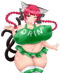 Rule 34 | 1girl, ;), alternate costume, animal ear fluff, animal ears, blunt bangs, braid, breasts, cat ears, cat tail, character name, cheerleader, closed mouth, clothes writing, covered erect nipples, cowboy shot, curvy, fang, green panties, green skirt, highres, himenomikan, huge breasts, kaenbyou rin, long hair, looking at viewer, multiple tails, navel, one eye closed, panties, red eyes, red hair, side braids, simple background, skindentation, skirt, smile, solo, standing, tail, thighhighs, touhou, twin braids, two tails, underwear, w, white background
