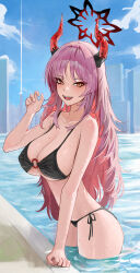 Rule 34 | 1girl, absurdres, arm support, bare arms, bare shoulders, bikini, black bikini, blue archive, blue sky, blush, breasts, building, cityscape, cloud, day, demon horns, fangs, halo, hand up, highres, horns, hwan (verypoor), large breasts, long hair, looking at viewer, mole, mole on breast, o-ring, o-ring top, open mouth, orange eyes, outdoors, pool, satsuki (blue archive), side-tie bikini bottom, sidelocks, sky, solo, string bikini, swimsuit, teeth, thighs, underboob, very long hair, wading, water, wet