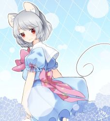 Rule 34 | 1girl, abe suke, alternate costume, animal ears, blue dress, bow, bowtie, closed mouth, commentary request, cowboy shot, dress, facial hair, floral print, flower, from side, grey hair, looking at viewer, mouse ears, mustache, nazrin, pink bow, pink bowtie, puffy short sleeves, puffy sleeves, red eyes, short hair, short sleeves, signature, solo, touhou
