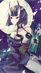 Rule 34 | 1girl, absurdres, bare shoulders, blush, bob cut, bottle, breasts, collarbone, eihabu (neko playgame), eyeliner, fate/grand order, fate (series), full moon, headpiece, highres, horns, japanese clothes, kimono, long sleeves, looking to the side, makeup, moon, night, night sky, obi, off shoulder, oni, purple eyes, purple hair, purple kimono, revealing clothes, sake bottle, sash, short hair, shuten douji (fate), skin-covered horns, sky, small breasts, thighs, wide sleeves