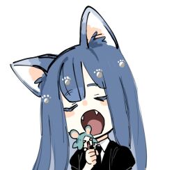 Rule 34 | 2others, androgynous, animal ears, animal hands, black suit, blue hair, cat ears, cat paws, closed eyes, commentary, eating, english commentary, fangs, formal, green hair, houseki no kuni, iciriini, lapis lazuli (houseki no kuni), long hair, mouse ears, multiple others, necktie, open mouth, phosphophyllite, short hair, simple background, size difference, suit, white background