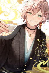 Rule 34 | 1boy, alcohol, alternate costume, asa no ha (pattern), black choker, black kimono, blush, braid, cape, choker, choko (cup), confetti, crossed bangs, cup, earrings, egasumi, floral background, french braid, gears, green eyes, grin, hair between eyes, highres, holding, holding cup, holostars, japanese clothes, jewelry, kimono, looking at viewer, male focus, momoshiki tsubaki, multicolored hair, necklace, patterned clothing, pink cape, pink hair, red hair, rikka (holostars), ring, sake, seigaiha, short hair, single earring, smile, solo, streaked hair, tassel, tassel earrings, upper body, virtual youtuber, white background