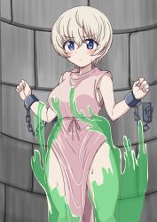 Rule 34 | 1girl, blonde hair, blue eyes, blush, bound, bound wrists, breasts, closed mouth, girls und panzer, highres, kin-san (sasuraiga), large breasts, looking at viewer, restrained, short hair, sideboob, slime (creature), solo, youko (girls und panzer)