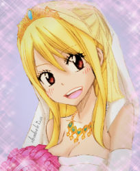 Rule 34 | blush, bouquet, bride, brown eyes, dress, fairy tail, flower, gloves, jewelry, lowres, lucy heartfilia, necklace, smile, wedding, wedding dress