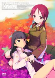 Rule 34 | 2girls, black eyes, black hair, blush, colorful, female focus, hand on another&#039;s head, highres, leaf, legs, long hair, lying, military, military uniform, minna-dietlinde wilcke, multiple girls, red eyes, red hair, sakamoto mio, shimada fumikane, smile, strike witches, uniform, world witches series