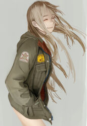 1girl absurdres blonde_hair choppy_bangs closed_eyes cowboy_shot english_text green_jacket greyscale hand_in_pocket highres hood hooded_jacket jacket kudiramochi long_hair monochrome muted_color original patch shoulder_patch smile solo