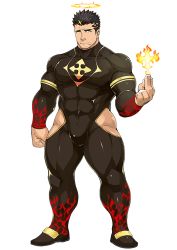 Rule 34 | 1boy, abs, alpha transparency, armband, bara, biceps, black hair, bodysuit, bulge, clenched hand, facial hair, fire, flame print, frown, half-closed eyes, halo, large pectorals, male focus, manly, mature male, muscular, muscular male, naop (anything), official alternate costume, official art, pectorals, sad, sandals, solo, sparkle, spiked hair, stubble, thick arms, thick eyebrows, thick thighs, thighs, third-party source, tight clothes, tokyo houkago summoners, transparent background, yellow eyes, zabaniyya (housamo)
