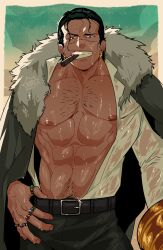 Rule 34 | 1boy, abs, bara, bare pectorals, black hair, cigar, coat, coat on shoulders, cowboy shot, crocodile (one piece), dark-skinned male, dark skin, earrings, fur-trimmed coat, fur trim, hair slicked back, hand on own hip, highres, jewelry, kiito (kiitoillust), large pectorals, looking to the side, loose hair strand, male focus, mature male, mouth hold, multiple rings, muscular, muscular male, navel hair, nipples, one piece, pectorals, ring, shirt, short hair, solo, sparse chest hair, stitched face, stitches, wet, wet clothes, wet shirt
