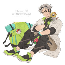 Rule 34 | 1boy, anniversary, backpack, bag, batabiru, closed mouth, coat, commentary request, copyright name, creatures (company), facial hair, game freak, gen 7 pokemon, gloves, goatee, green bag, green footwear, grey hair, highres, male focus, mature male, meltan, multicolored hair, mythical pokemon, nintendo, open clothes, open coat, pants, pokemon, pokemon (creature), pokemon go, shoes, sitting, smile, stubble, thick eyebrows, two-tone hair, undercut, unworn bag, willow (pokemon)