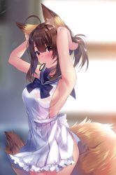 Rule 34 | 1girl, adjusting hair, ahoge, animal ear fluff, animal ears, armpits, arms up, blurry, blush, breasts, brown eyes, brown hair, depth of field, dress, fox ears, fox girl, fox tail, hair tie, highres, looking at viewer, medium breasts, mouth hold, open mouth, original, sailor collar, sailor dress, see-through silhouette, short hair, sideboob, sidelocks, solo, sweat, tail, usagihime, wet, wet clothes