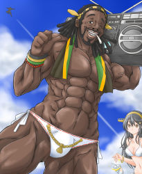 Rule 34 | 10s, 1boy, 1girl, abs, bikini, black eyes, black hair, boombox, breasts, brown eyes, cleavage, cup, dreadlocks, drinking straw, dropping, from below, hair ornament, hairclip, haruna (kancolle), headgear, jack (slaintheva), kantai collection, looking at viewer, male swimwear, muscular, one eye closed, smile, swim briefs, swimsuit, the first ship of the kongou from jamaica, veins, white bikini, white male swimwear, white swim briefs
