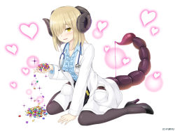 Rule 34 | 1girl, arm support, between legs, black footwear, black pantyhose, black skirt, blue shirt, blush, bottle, breasts, brown hair, center frills, collarbone, collared shirt, company name, drugs, frills, full body, hair over one eye, half-closed eye, heart, heart background, high heels, holding, horns, jacket, light particles, long sleeves, looking at viewer, medium breasts, medium hair, monmusu harem, monster girl, namaru (summer dandy), official art, open clothes, open jacket, open mouth, pantyhose, partially unbuttoned, pocket, poison, scorpion tail, sheep horns, shirt, sitting, skirt, smile, solo, sparkle, stethoscope, tail, vial, wariza, white background, white jacket, yellow eyes