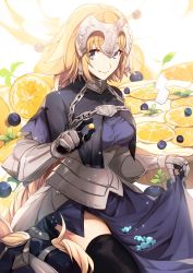 Rule 34 | 1girl, armor, armored dress, black thighhighs, blonde hair, blue dress, blueberry, braid, breasts, candy, capelet, chain, closed mouth, dress, fate/apocrypha, fate (series), faulds, food, fruit, gauntlets, headpiece, highres, jeanne d&#039;arc (fate), jeanne d&#039;arc (ruler) (fate), large breasts, lemon, long braid, long hair, looking at viewer, low-tied long hair, no-kan, plackart, purple eyes, single braid, smile, thighhighs, thighs