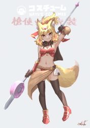 Rule 34 | 1girl, animal ear fluff, animal ears, arm up, armor, armpits, text background, bare shoulders, bikini armor, black gloves, black thighhighs, blonde hair, blush, breasts, closed mouth, commentary request, copyright request, fang, full body, gloves, grey background, headpiece, high heels, holding, holding polearm, holding weapon, looking at viewer, multicolored hair, navel, polearm, ponytail, red eyes, red footwear, red hair, shoes, short eyebrows, signature, simple background, small breasts, smile, solo, spear, tail, thick eyebrows, thighhighs, translation request, two-tone hair, umiroku, v-shaped eyebrows, vambraces, weapon, weapon behind back