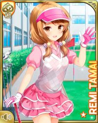 Rule 34 | 1girl, bare legs, brown eyes, brown hair, card (medium), day, girlfriend (kari), gloves, golf, golf bag, golf club, looking at viewer, low twintails, official art, open mouth, outdoors, pink gloves, pink shirt, pink skirt, qp:flapper, school, shirt, skirt, smile, solo, standing, tagme, tamai remi, twintails