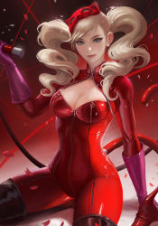 Rule 34 | 1girl, arm at side, blonde hair, blue eyes, bodysuit, boots, breasts, cat mask, cleavage, cowboy shot, curly hair, earrings, eyelashes, frank lee, gloves, gradient background, hair over shoulder, hand up, highres, holding, holding whip, jewelry, long hair, long sleeves, looking at viewer, mask, mask on head, medium breasts, o-ring, persona, persona 5, petals, purple gloves, red background, red bodysuit, shiny clothes, sitting, smile, solo, string, stud earrings, swept bangs, tail, takamaki anne, thigh boots, thighhighs, twintails