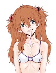 Rule 34 | 1girl, blue eyes, blush, bra, breasts, brown hair, condom, dbqp, hair ornament, long hair, looking at viewer, neon genesis evangelion, simple background, small breasts, smile, solo, souryuu asuka langley, twintails, underwear, used condom