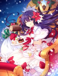 Rule 34 | absurdres, bag, breasts, cake, date a live, dress, eating, fantasia re:build, food, food-themed clothes, frilled dress, frills, fruit, gloves, hair ornament, highres, long hair, macaron, medium breasts, mittens, non-web source, official art, ponytail, purple eyes, purple hair, sleigh, strawberry, tsunako, very long hair, yatogami tooka