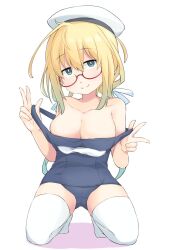 Rule 34 | 1girl, blonde hair, blue eyes, breasts, collarbone, glasses, hat, i-8 (kancolle), kantai collection, kneeling, large breasts, looking at viewer, low twintails, name tag, okitarou (okiyo), one-piece swimsuit, peaked cap, red-framed eyewear, sailor hat, school swimsuit, semi-rimless eyewear, shadow, simple background, solo, swimsuit, thighhighs, tri tails, twintails, under-rim eyewear, undressing, white background, white thighhighs