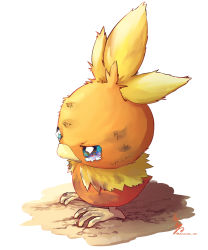 Rule 34 | animal focus, blue eyes, commentary request, creatures (company), dirty, from side, full body, game freak, gen 3 pokemon, highres, nintendo, no humans, pokemon, pokemon (creature), signature, solo, tearing up, torchic, uyumaru art, white background